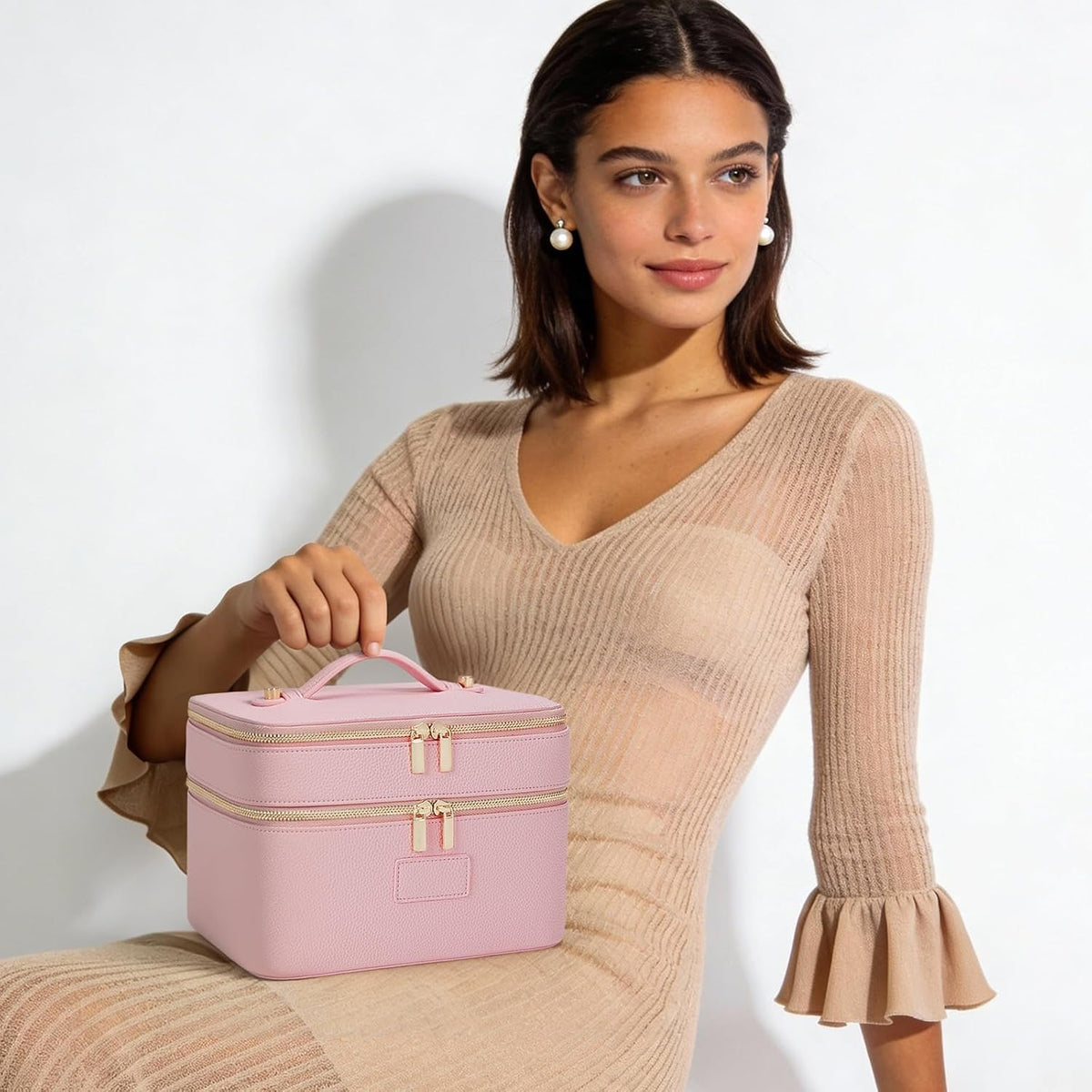 Large Makeup Bag Duo Vanity Case for Women Leather Makeup Case Travel Toiletry Bag Portable Double Layer Cosmetic Bag