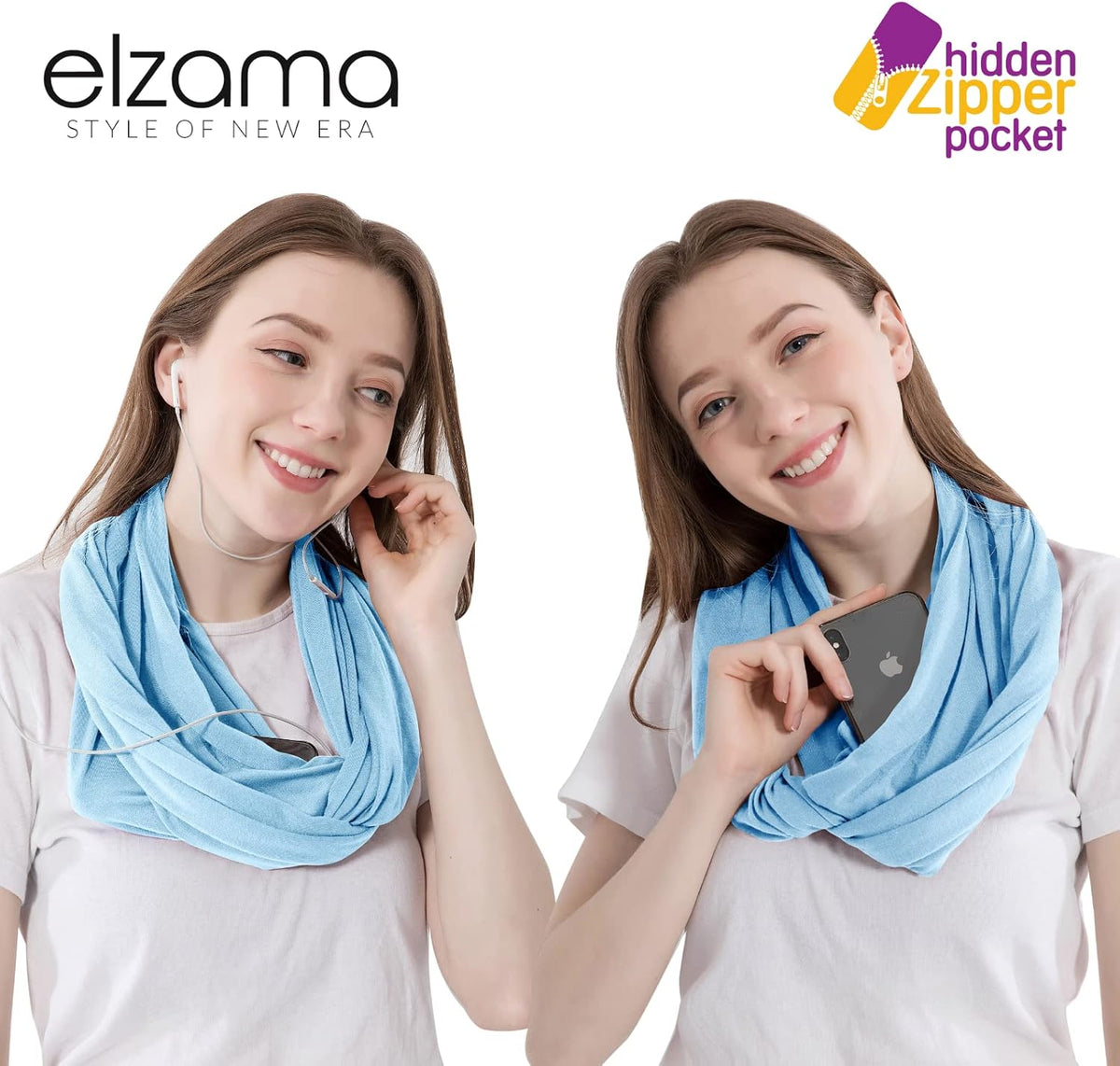 Infinity Loop Solid Color Scarf With Hidden Zipper Pocket For Women - Lightweight Travel Neck Wrap