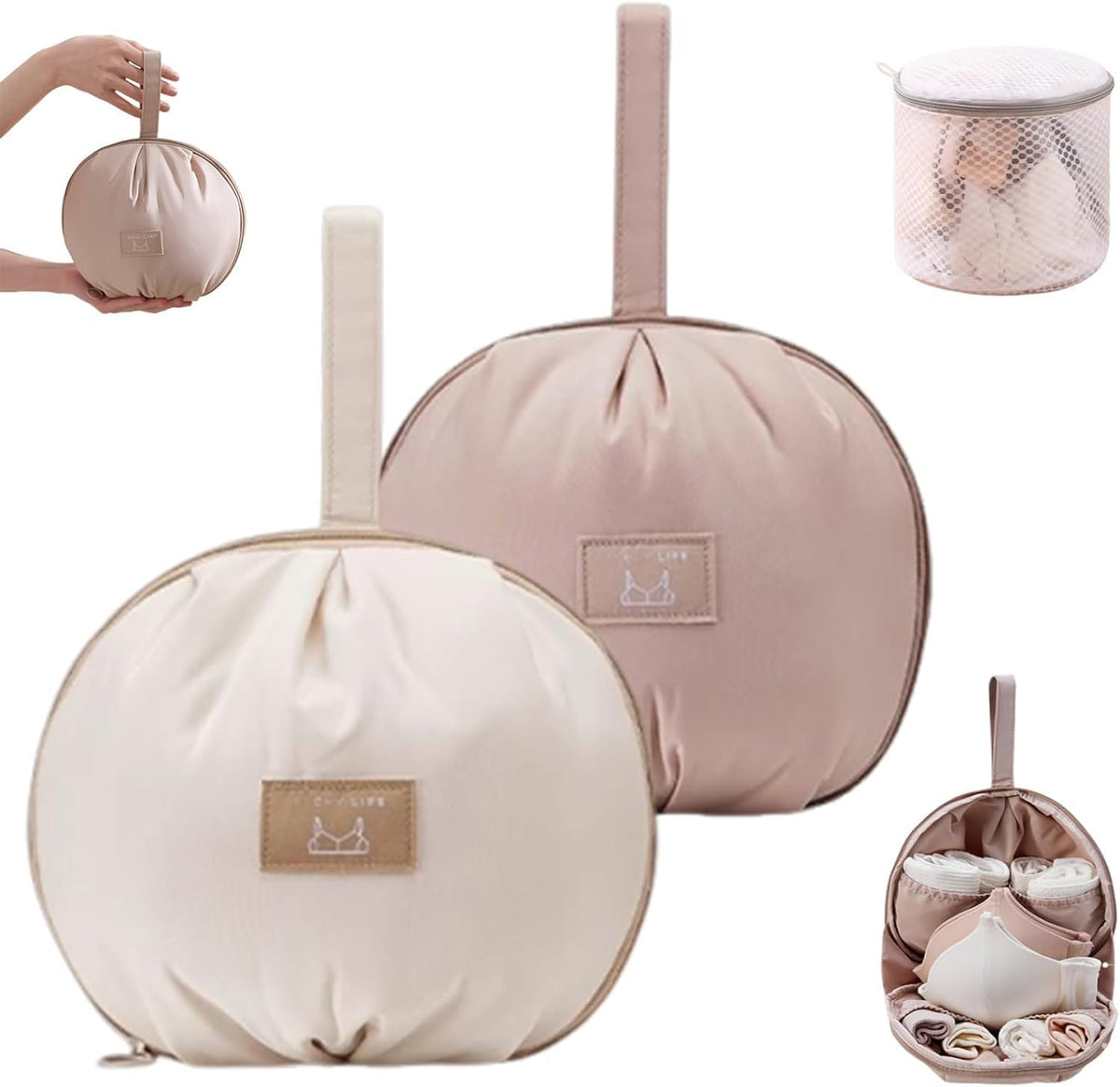 Lingerie Storage Bag Set, Waterproof and Foldable, Multi-compartment Storage Bag, Portable Bra Bag for Travel and Home (White+Pink)