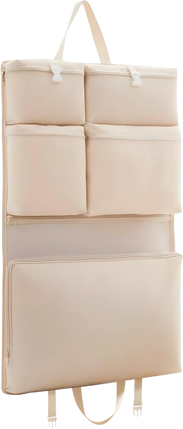 Travel Hanging Organizer, 6-in-1 Closet Suitcase with Multi-Layer Pockets, Portable Packing Cubes For Travel to Neatly Store Clothes and Underwear in Beige, 8.3x6.7x2 in