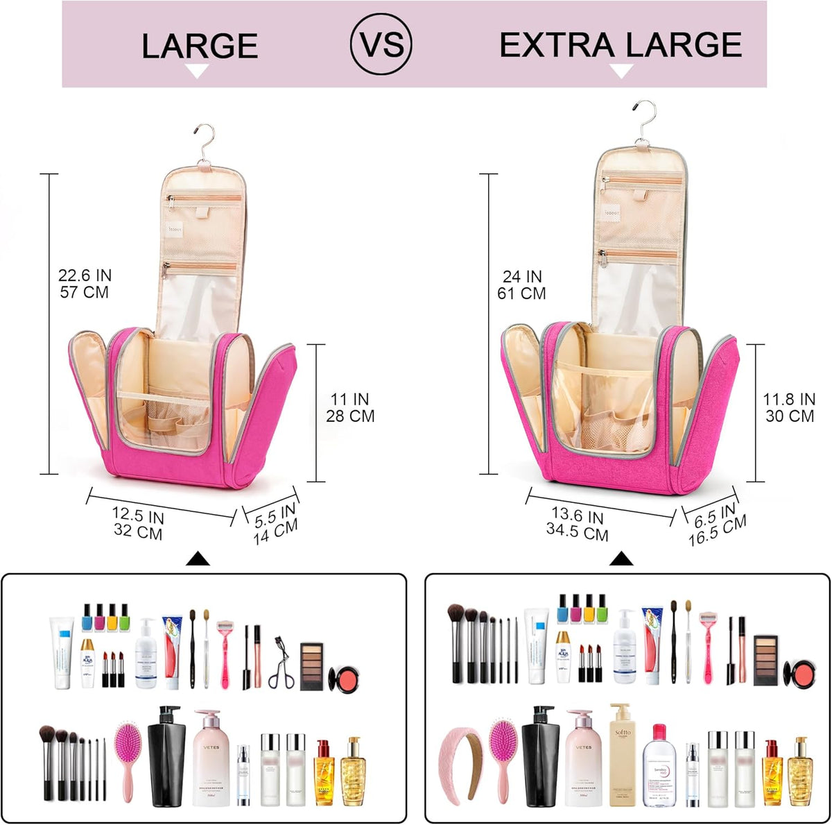 Travel Hanging Toiletry Bag for Women and Men, 6 Organizer Compartments, Holds Full Size Bottles, Extra Large Cosmetic Accessories, Makeup essentials, Bathroom Water-resistant Toiletries Bag, Black