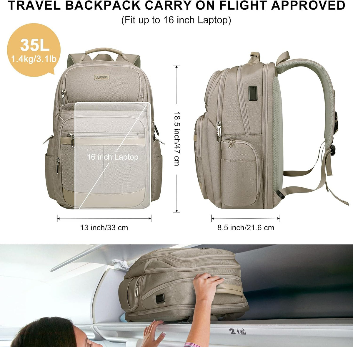 Anti-Theft Travel Backpack for Women TSA Friendly Flight Approved | Laptop Backpack With Hidden Tracker Pocket,180° Flat Open, USB Port, Fits 16" Laptop for Businiess, Daily