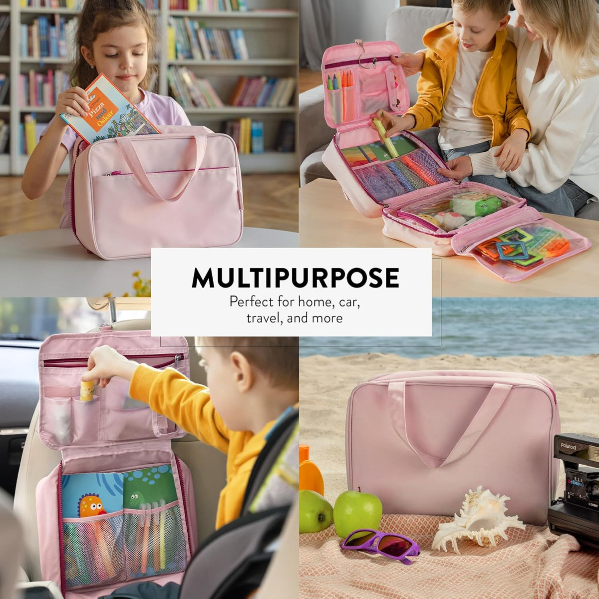 Kids Travel Organizer – Multi-Compartment, Water-Resistant Hanging Bag for Toys, Snacks, & Activities - Compact, Lightweight Design with Hook & Carry Handle - Perfect for Travel Use (Blue, Small)