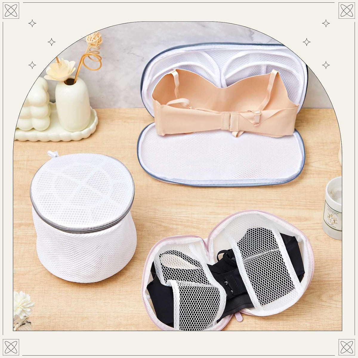6 Pack Bra Washing Bags for Laundry 3 Styles Mesh Bra Wash Bags Zippered Lingerie Wash Protector for A–d Cup, Anti Deformation, Delicates Cleaning and Drying & Travel Organizer