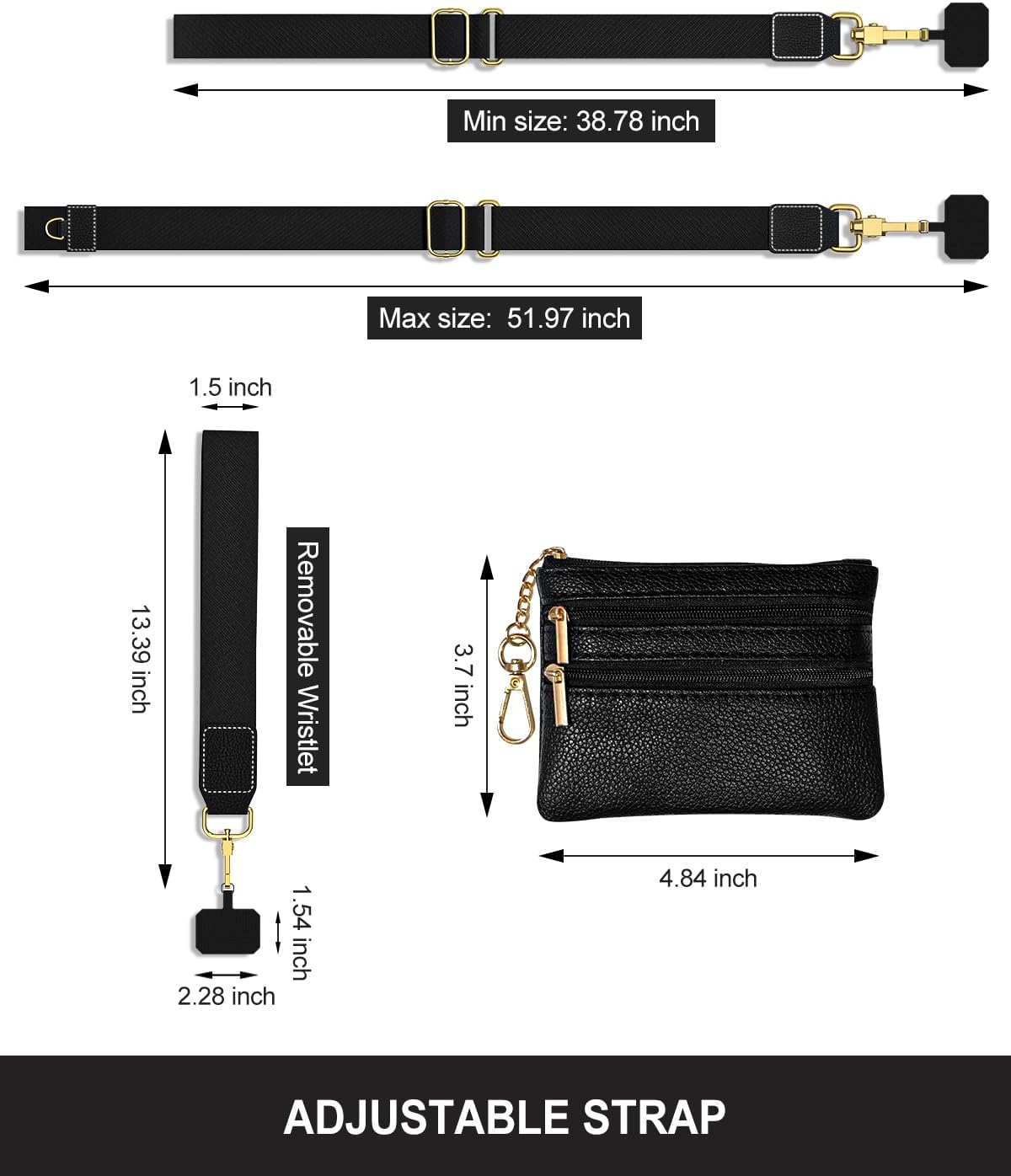 Crossbody Phone Strap with Wallet, Clip and Go Strap for Phone with Wallet, Adjustable Crossbody Cell Belt with Zippered Pouch, Neck Shoulder Cell Lanyard for Women, Black Great Wall