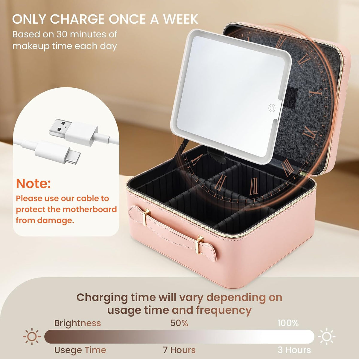 Leather Makeup Case with LED Lighted Mirror 11.4 Inch Travel Makeup Bag Adjustable Brightness in 3 Colors Cosmetic Organizer Artist Storage Bag with Dividers Brush Holder Bag Vanity White