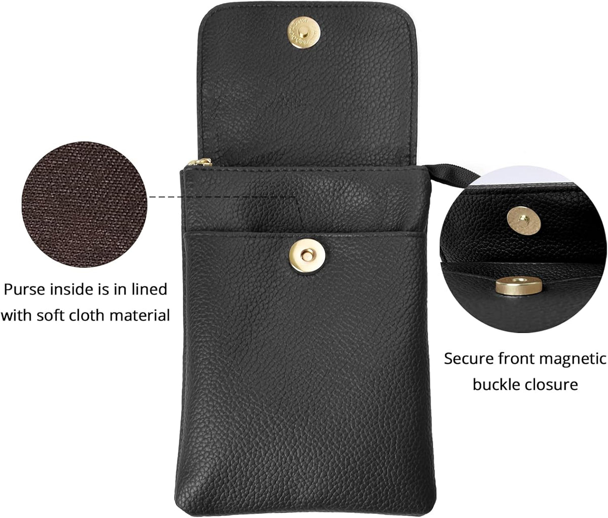 Vegan Leather Purse for Women Small Crossbody Bags Cell Phone Purse Wallet with Adjustable Strap Black Travel Purse