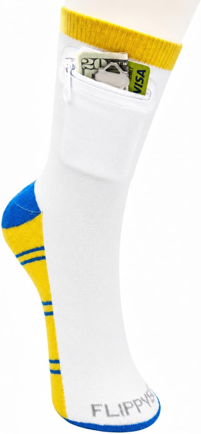 Zipper Sock Wallet - Cotton & Polyester Zipper Socks with Pockets - Fits shoe size 6-13 - Colors B