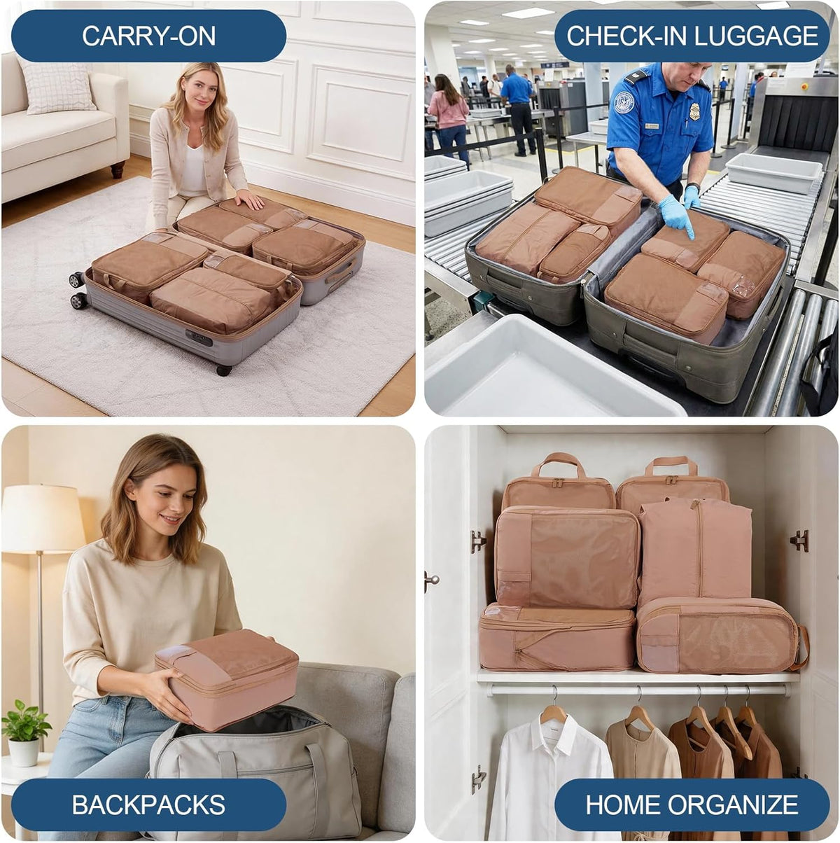 Compression Packing Cubes for Travel - Double Zipper Luggage Organizer Bags for Suitcases (6-Pack, Beige)