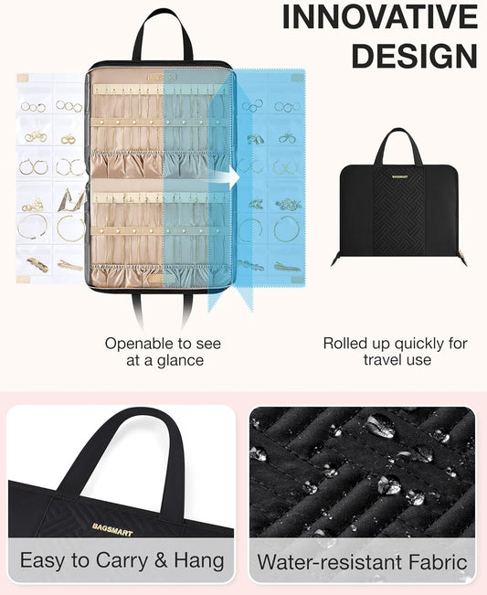 Travel Jewelry Organizer Case Portable Jewelry Roll Bag Tangle-free Necklace Storage Foldable Transparent Pockets for Earrings Rings Bracelet Travel Essentials Black