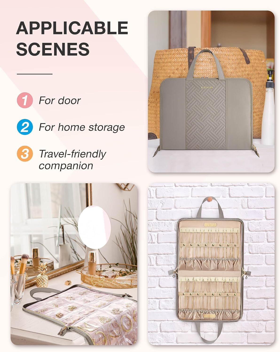 Travel Jewelry Organizer Case Portable Jewelry Roll Bag Tangle-free Necklace Storage Foldable Transparent Pockets for Earrings Rings Bracelet Travel Essentials Black