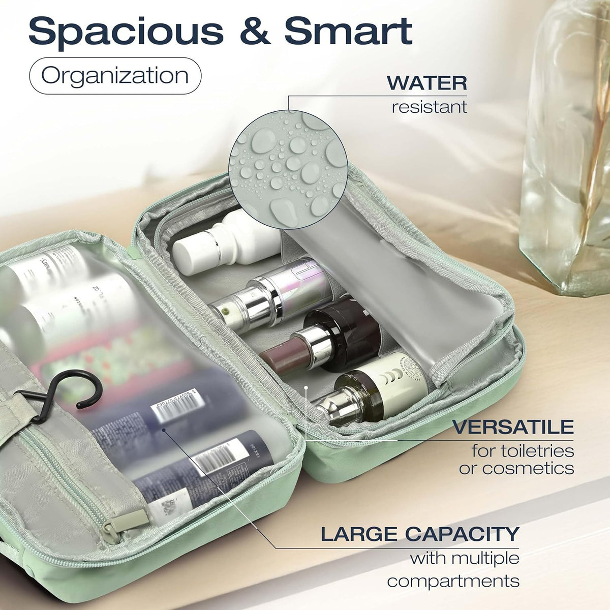 Compact Hanging Toiletry Bag with TSA Approved Detachable Pouch, Compact Travel Size, Travel Toiletry Bag, Water Resistant, Premium Nylon, Travel Size Toiletries, Cosmetic Makeup Bag (Light Blue)
