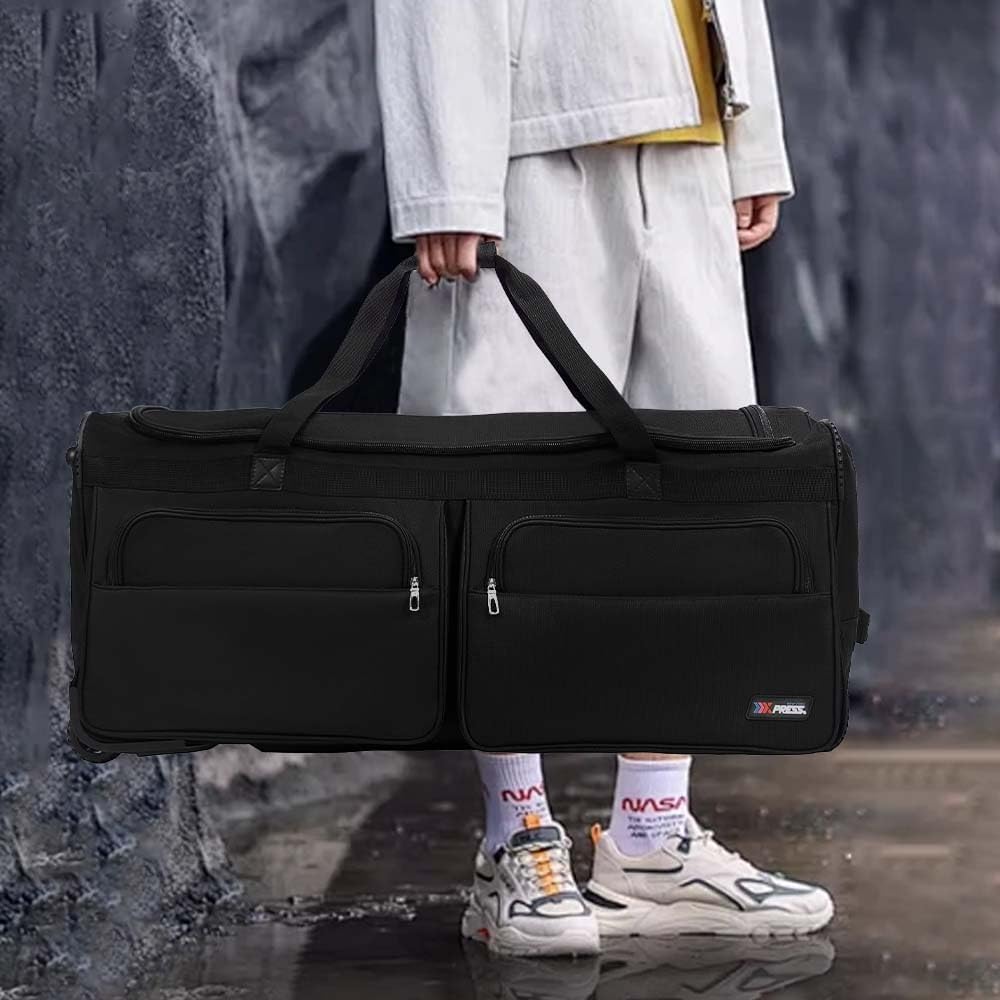 22'' Large Rolling Duffle Bag with Wheels and Handle,Travel Duffle Bag W/Durable Ripstop Polyester Material for Men Women,All Black