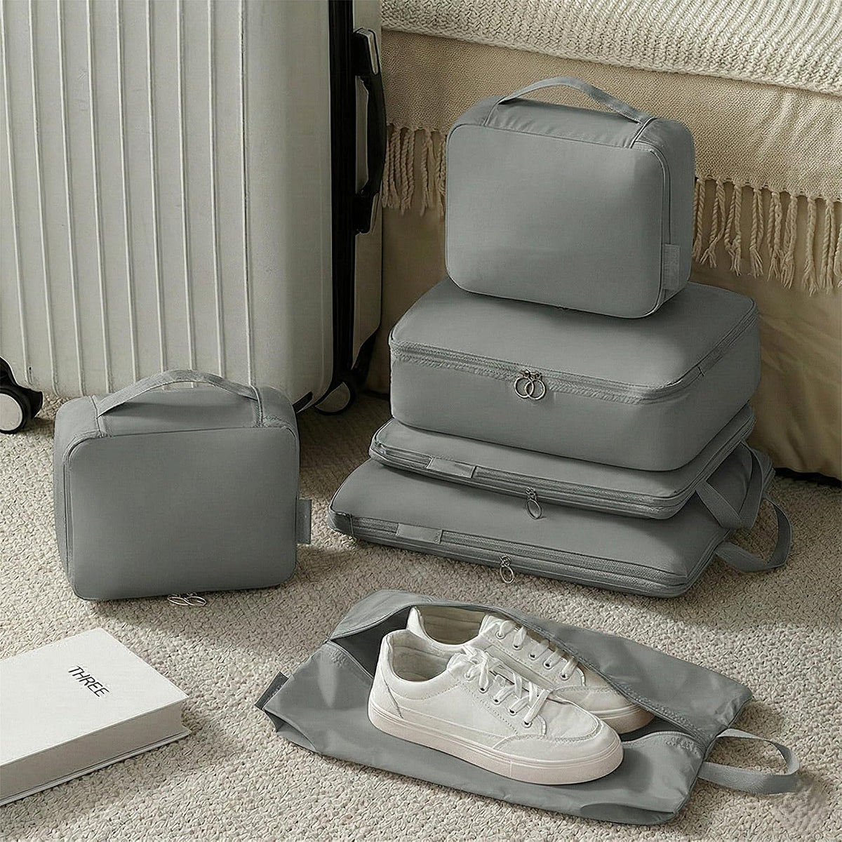 6-Piece Compression Packing Cubes, Gray Travel Organizers