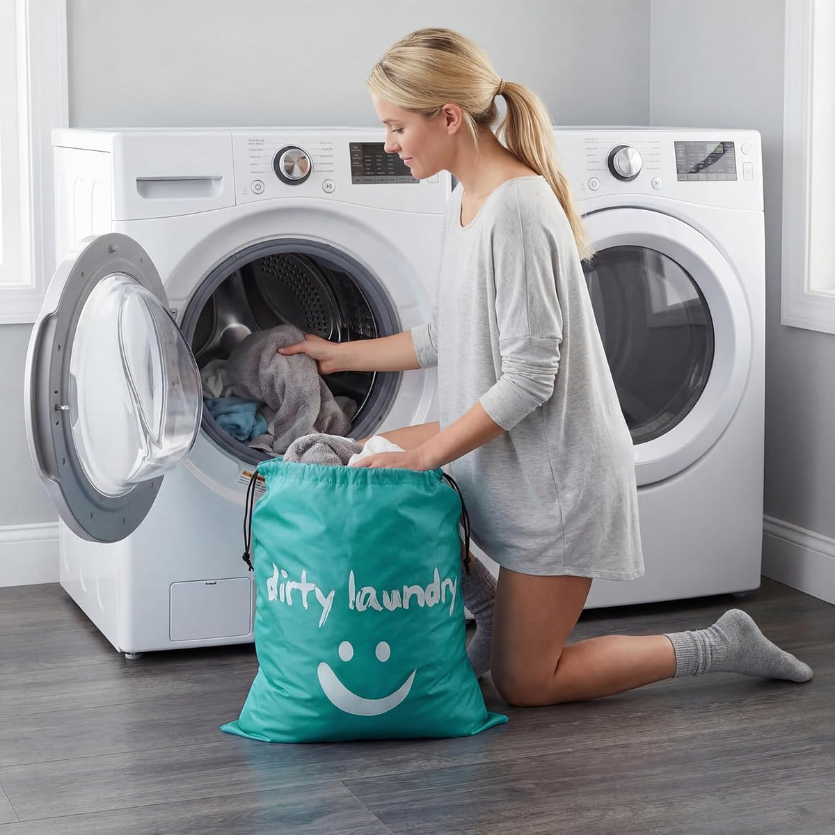 2 Pcs XL Clean Laundry Bags Nylon Travel Laundry Bag with Drawstring Machine Washable Dirty Clothes Organizer Bag Storage Bags for Hamper or Basket, 23.6 x 17.7 Inch(Gray, Blue)