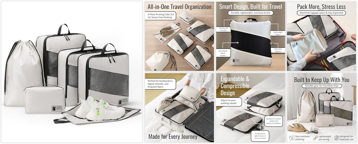 Packing Cubes for Suitcases 6 Set - Expandable Travel Packing Cubes for Luggage with Shoe Bag, Laundry Bag & Toiletry Bag - Lightweight Compression Luggage Organizer Bags for Travel (3 Sizes S/M/L)