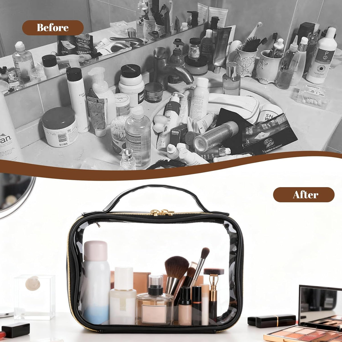10 Pack Portable TSA Approved Travel Toiletry Bag - Clear Makeup Bag with Handle Large Opening for Travel Carry, Small Household Items Storage Carry on Airport Airline Compliant Bag, Black
