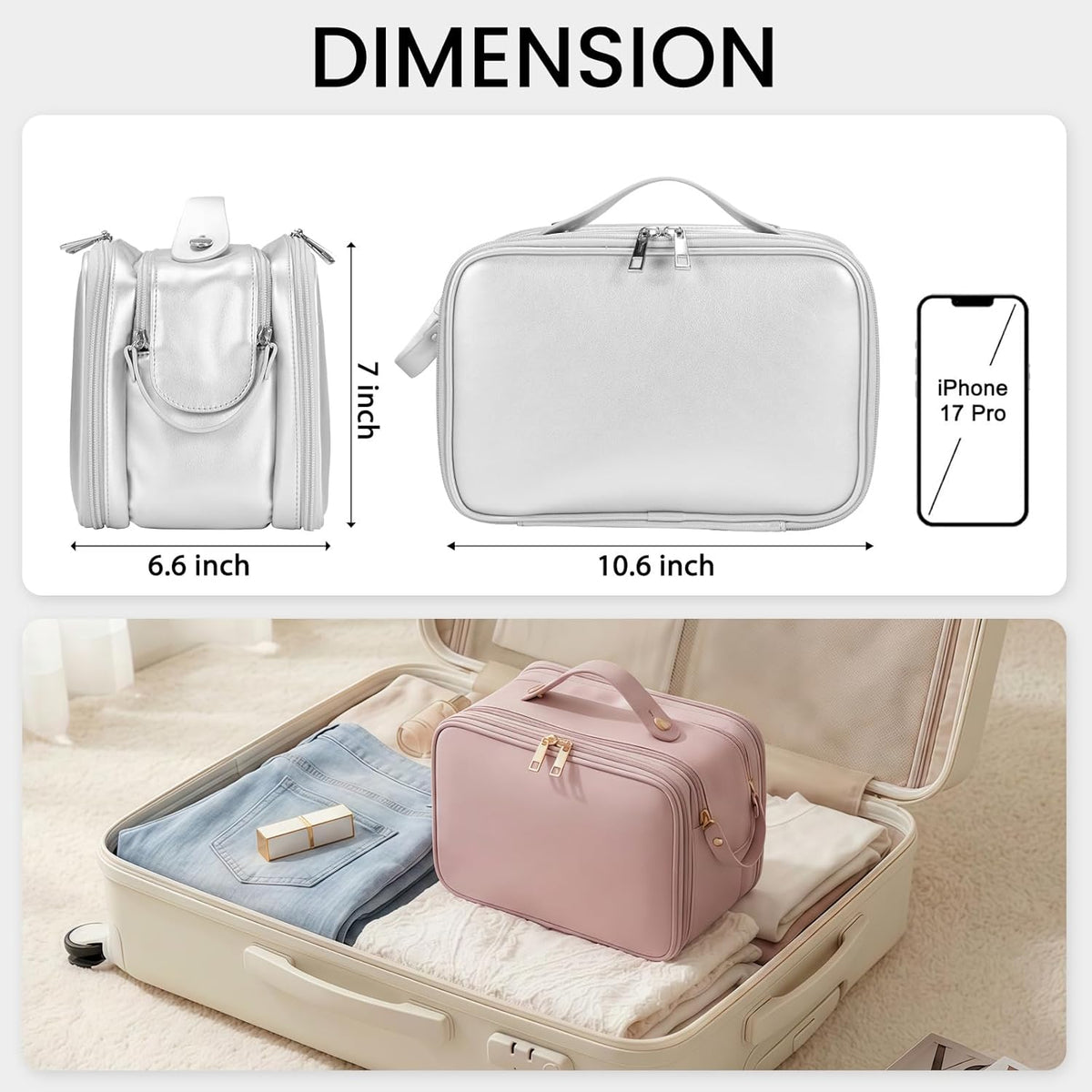 Travel Makeup Bag Women's Large Capacity Cosmetic Portable Organizer Large Opening Waterproof Storage Toiletry Bags Vertical Free-Standing Brush Holder for Easy Access Black