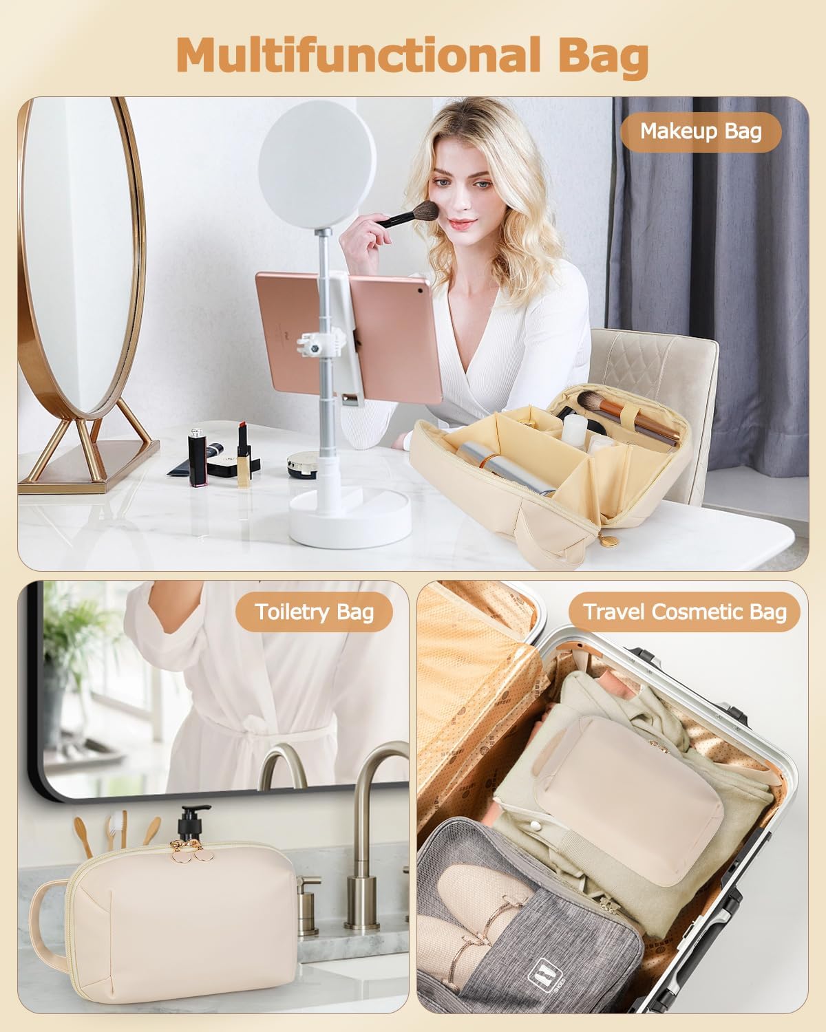 Travel Makeup Bag Gift for Women, Soft PU Leather Waterproof Toiletry Bag, Large Capacity Cosmetic Bags, Portable Wide Open Pouch, Travel Cosmetic Bag with Divider and Handle, Large, Beige