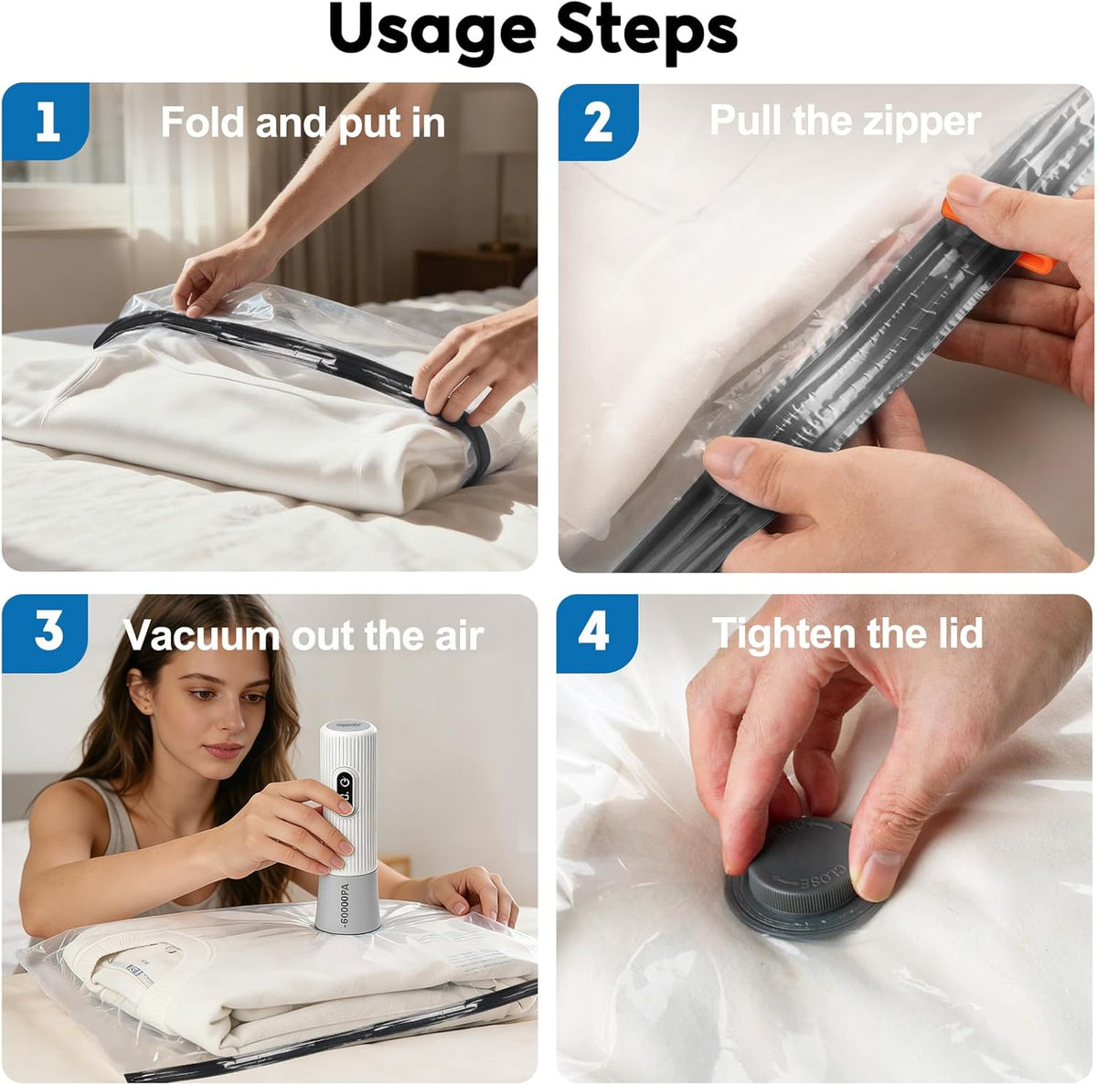 Vacuum Seal Bags for Clothing Travel with -60000Pa LED Pump, 15 Pack Travel Cordless Vacuums Bag Set with Pump in 3 Combo Sizes. Vacuums Storage Bags for Clothes (15 Combo)