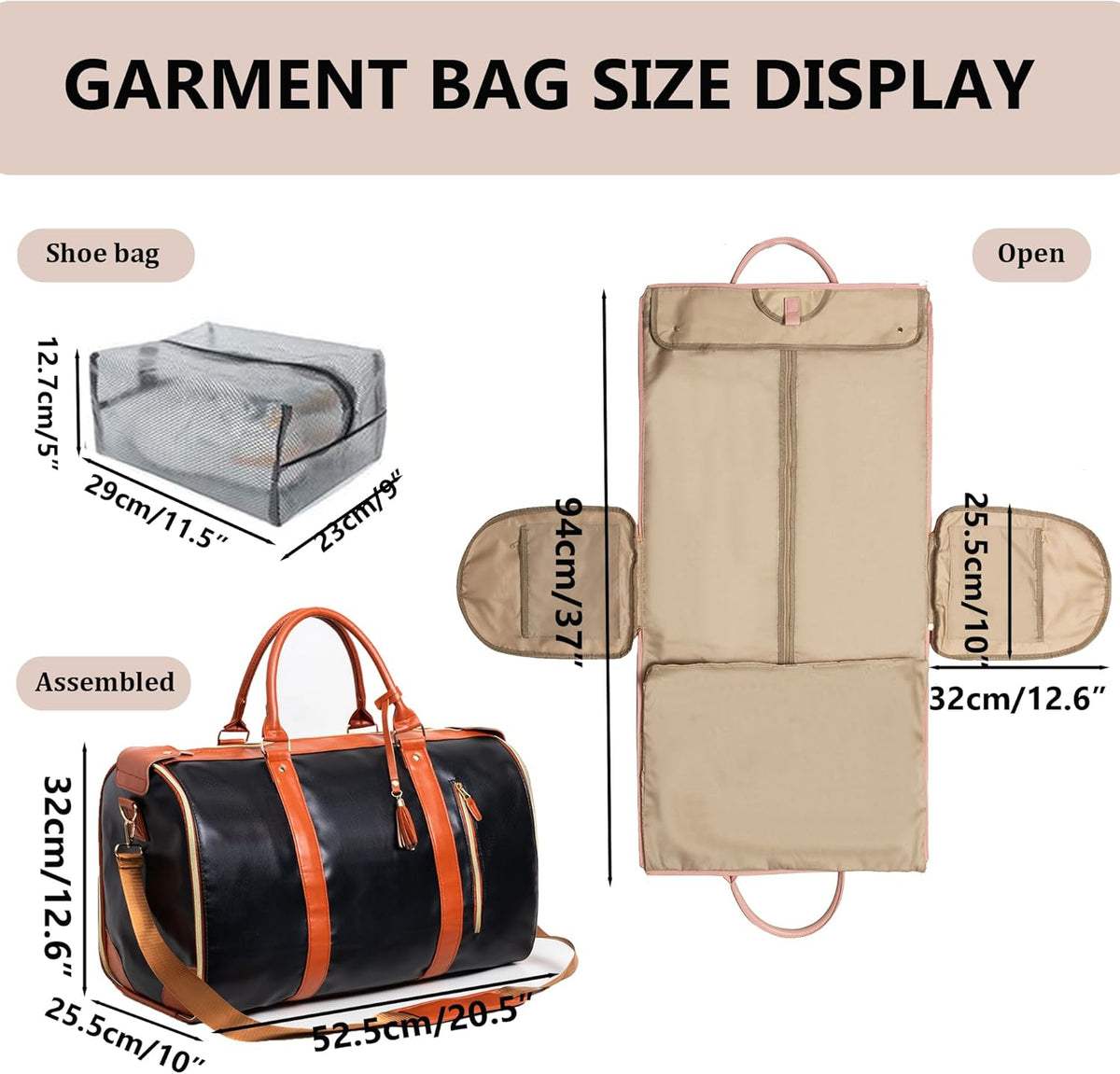 Garment Duffle Bags for Travel, Convertible Cloth Bag with Shoe Pouch, 2 in 1 Waterproof Travel Suit Bag with Shoulder Strap for Men Women(Dark Brown)