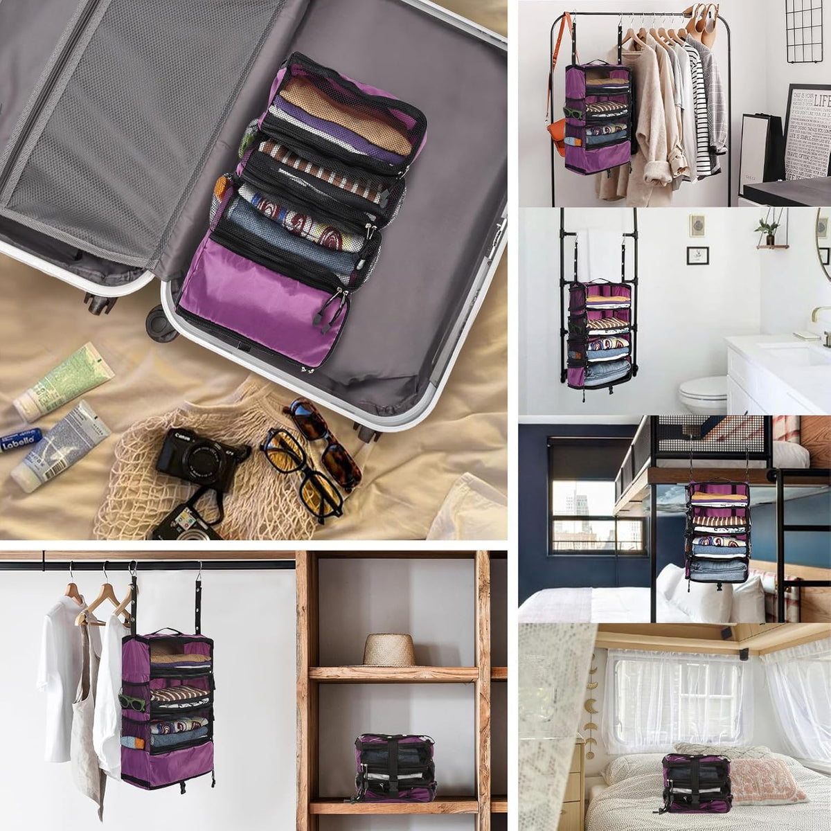 Travel Hanging Luggage Organizer Portable Suitcase Closet Organizer Multiple Compartments Collapsible Compression Packing Cubes Shelf, Beige, M
