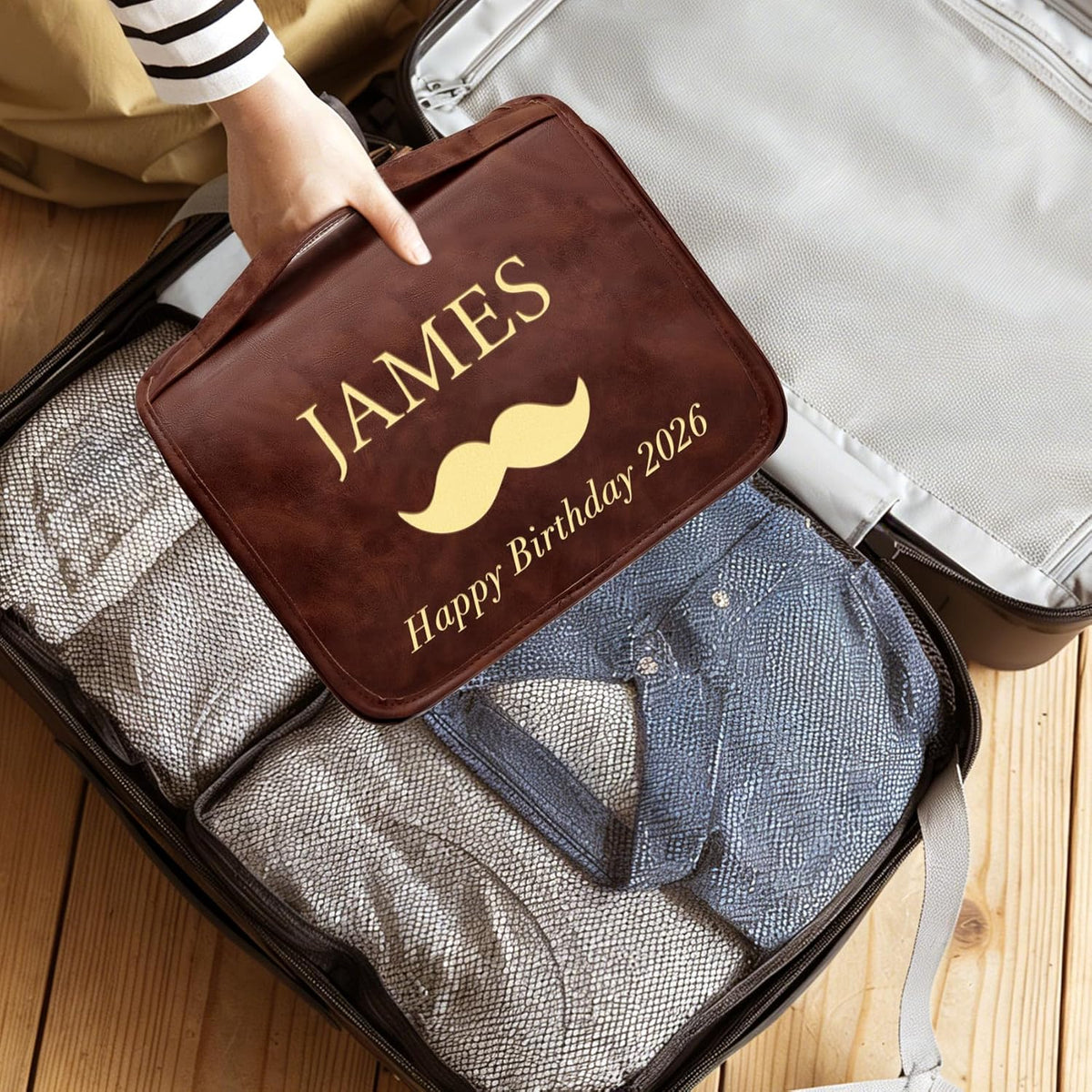 Personalized Gifts for Men Hanging Toiletry Bag, Custom Waterproof PU Leather Dopp Kit with Laser Engraved Name, 3-in-1 Detachable Shaving Bag Gifts for Husband Dad Groomsmen Dark Brown