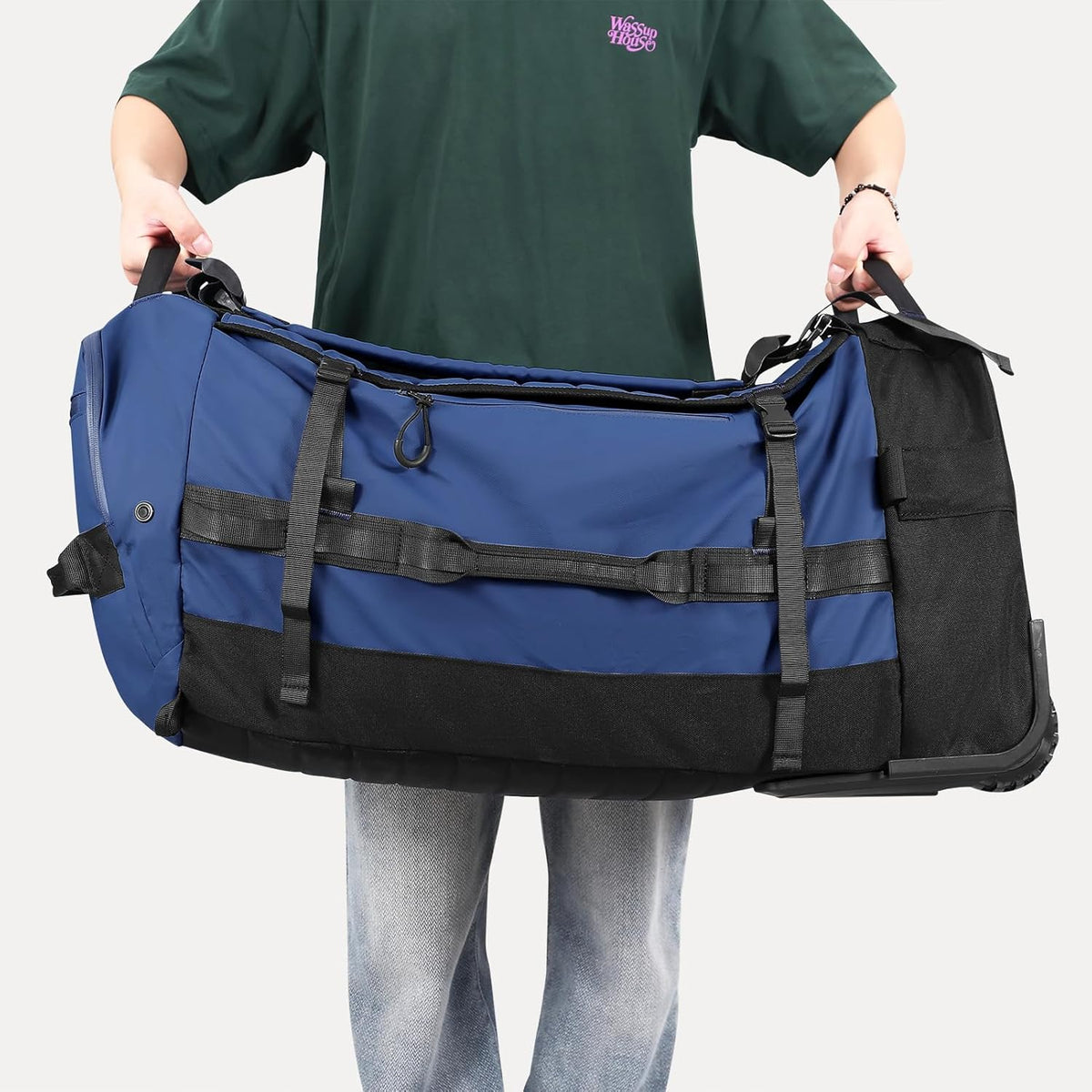 29" 86L Foldable Wheeled Duffle Bag, Waterproof Travel Rolling Backpack with Quilted Bottom, Navy