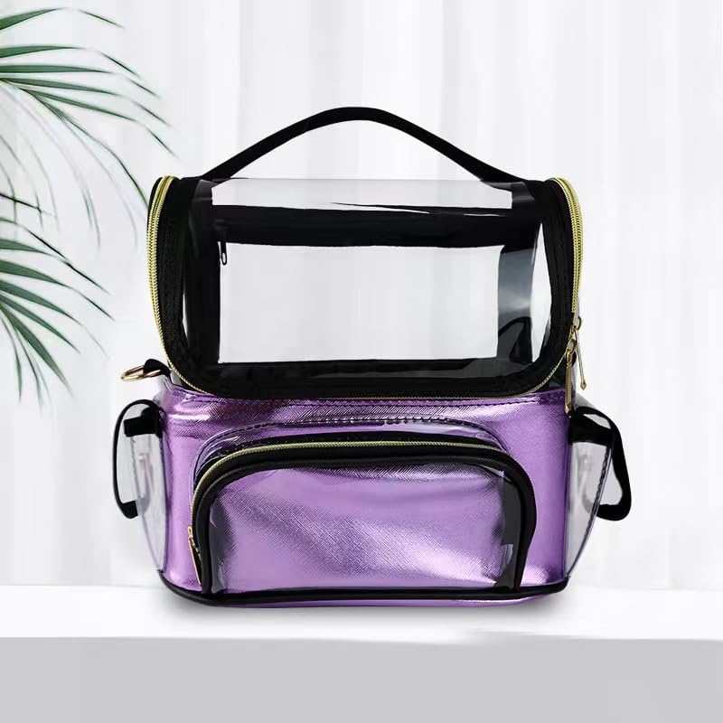 Makeup Brush Case - Clear Travel Bag with Multiple Pockets, Waterproof Transparent Organizer, Removable Dividers, Purple