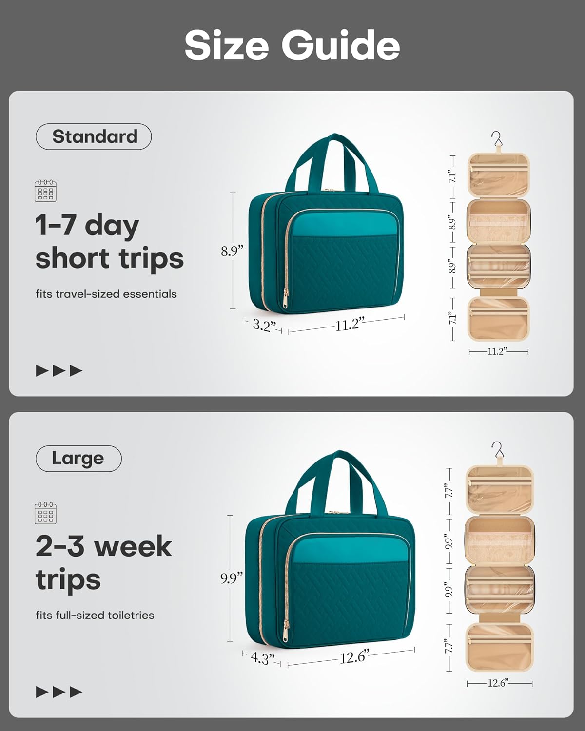 Hanging Travel Toiletry Bag Women Men, Black, Medium | Waterproof Makeup Bag Hanging Hook,Multiple Pockets,Travel Essentials,11.2 x 3.2 x 8.9inches