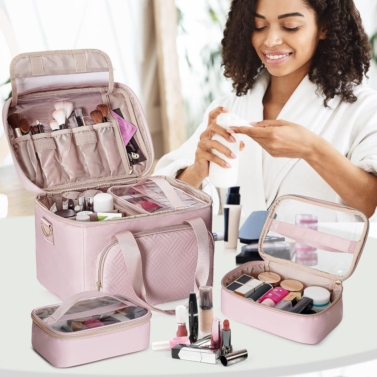 Large Makeup Bag for Women, Cosmetic Case, Travel Makeup Organizer | Large Cosmetic Case with 2 Pouches & Adjustable Dividers, Makeup Organizer Fits Bottle Vertically, Portable Travel Accessory
