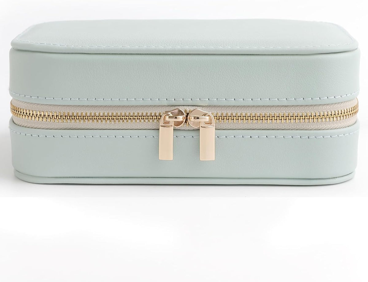 Genuine Leather Travel Jewelry Organizer Case with Mirror for Women, Small Mini Portable Jewelry Box for Ring Earrings Necklace Bracelet Luxury Gift for Women(Cyan)