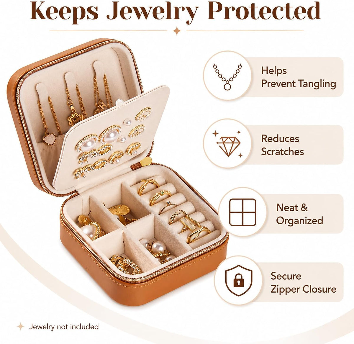 Travel Jewelry Box, PU Leather Organizer for Women Girls, Portable Case | Double Layer Structure with Earring Board, Ring Slots and Necklace Hooks, Keeps Accessories Neat for Trips and Daily Use