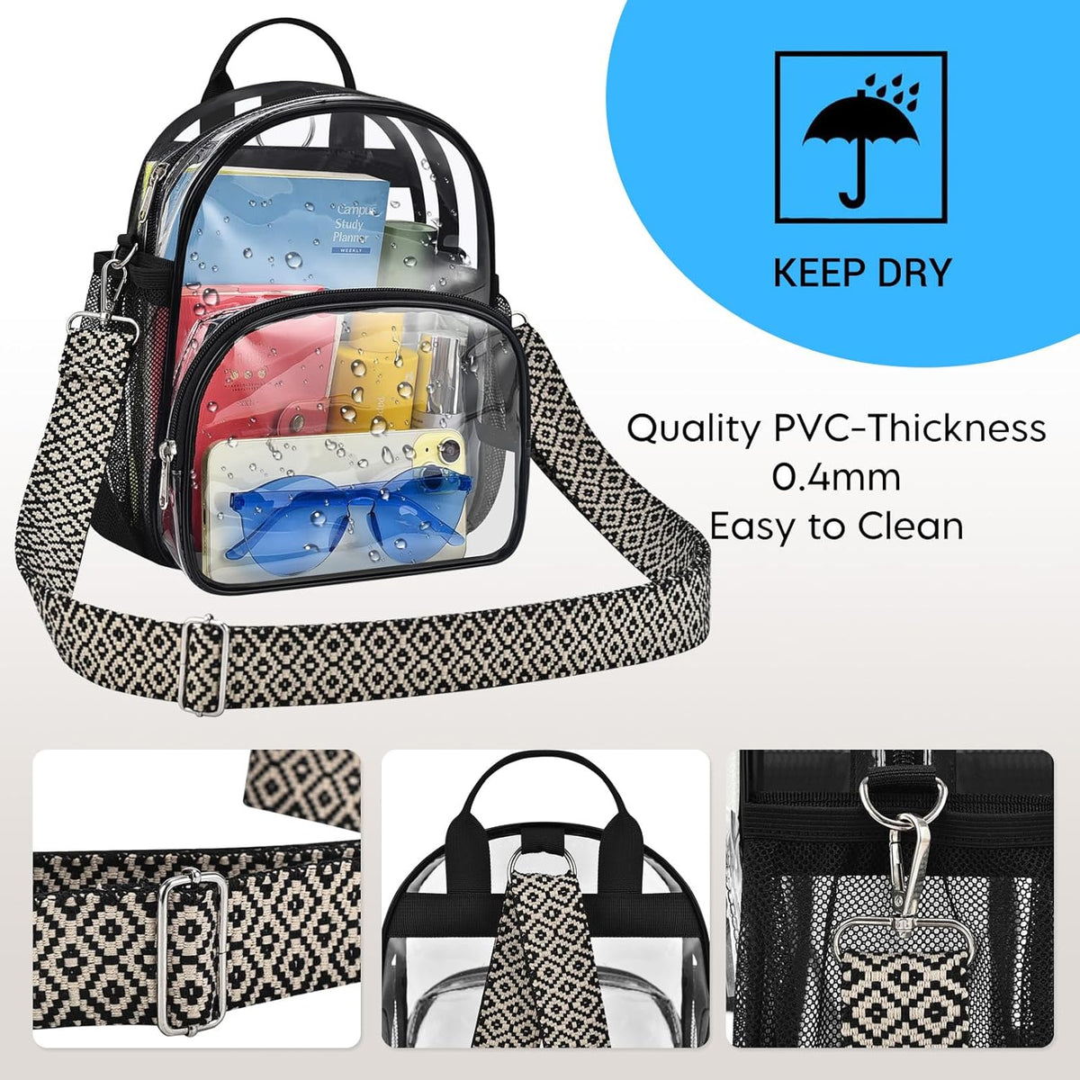 Small Clear Backpack for Women - Concerts, Stadium Events Convertible Crossbody Bag with Side Mesh Pockets