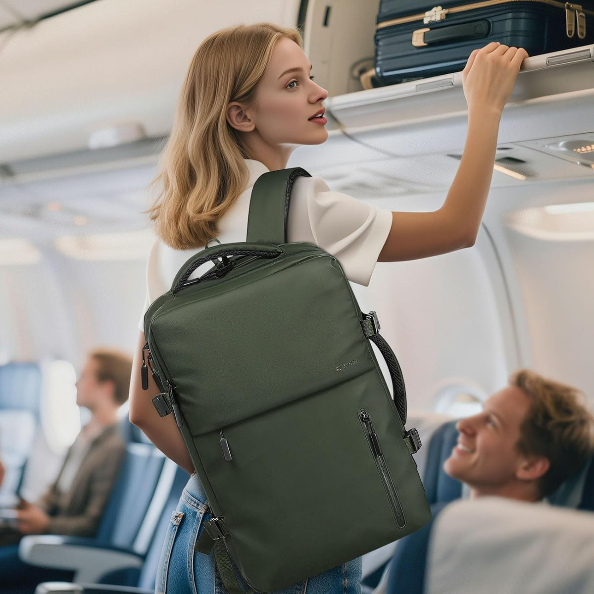 Lay Flat Carry on Travel Backpack, 30L Airline Approved, Fits 16" Laptop, USB-C & USB-A, Water Resistant, Green