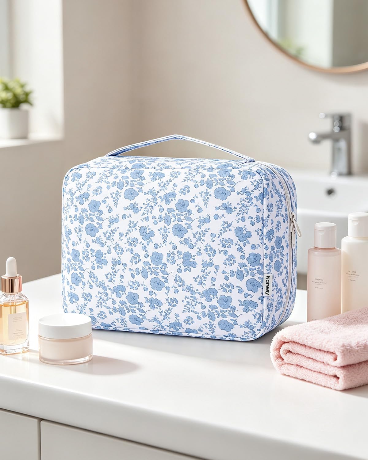 Large Hanging Travel Toiletry Bag for Women, Makeup Bag Organizer Cosmetic Bags Make Up Bags for Travel Toiletries Size Essentials Accessories (Dusty Pink Stripe)
