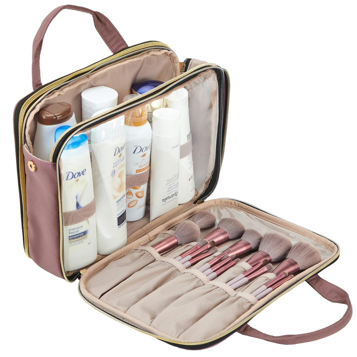 Travel Makeup Bag Stand Up, Portable Cosmetic Organizer, Cosmetic Case for Travel-Size Toiletries, Rosewood-Pink