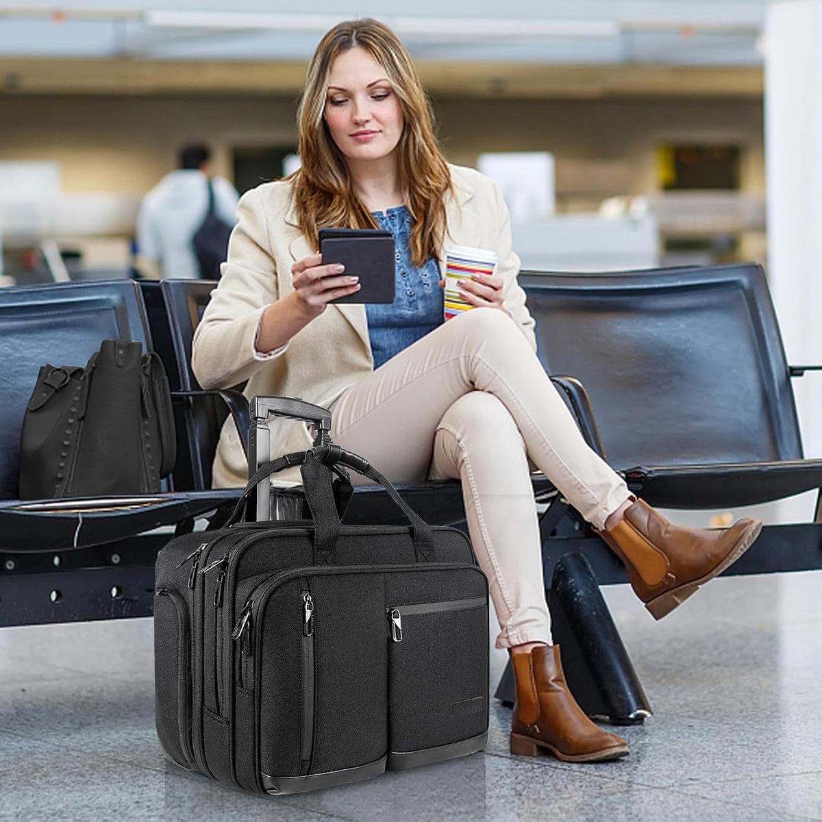 17.3 Inch Rolling Laptop Bag, Waterproof Overnight Rolling Bags, Laptop Bags for Travel/Work/Business, Stylish Carry on Briefcase, Black