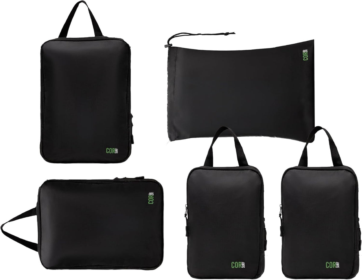 Compression Packing Cubes Travel Organizers plus Laundry or Shoe Bag with YKK Zippers (Black)