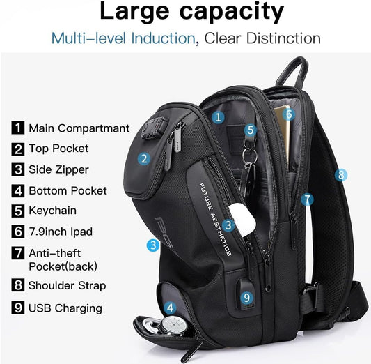 USB Charging Sling Bag, Waterproof Crossbody Backpack, Portable Shoulder Bag Daypack for Men Women Travel Hiking Work