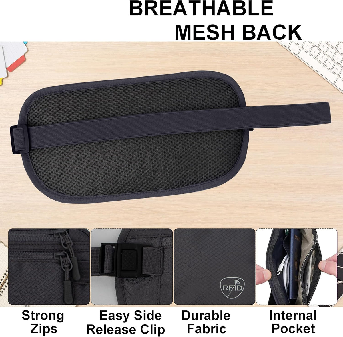Money Belt, Hidden Travel Wallet for Passport, RFID Blocking Passport Pouch, Passport Holder for Travel, Undercover Fanny Pack(Black)