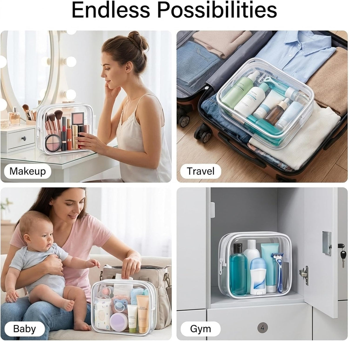 Clear Makeup Bag, TSA Approved Toiletry Bag for Women, Waterproof PVC Cosmetic Pouch Travel Organizer, Clear Bags for Diaper Bag Organizer Purse, Portable Zipper Pouch Set (L+M+M+S)