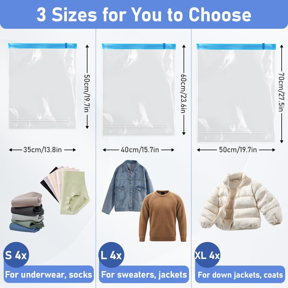 Vacuum Seal Bags for Clothing 8 Pack, Roll-Up Compression, No Need for Machine or Pump, Space Saver Vacuum Storage Bags for Travel Clothes, Compression Packing Cubes for Luggage and Suitcase