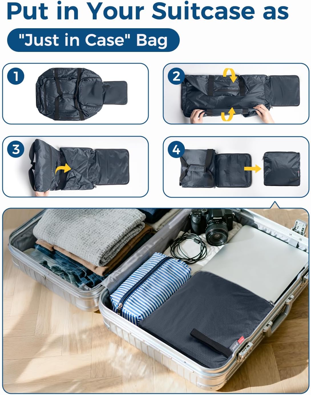 45L Foldable Duffel Bag, Water-Resistant Sports Gym Bag, Portable Weekender Bag Lightweight for Travel, Fitness and Camping (Navy Blue)