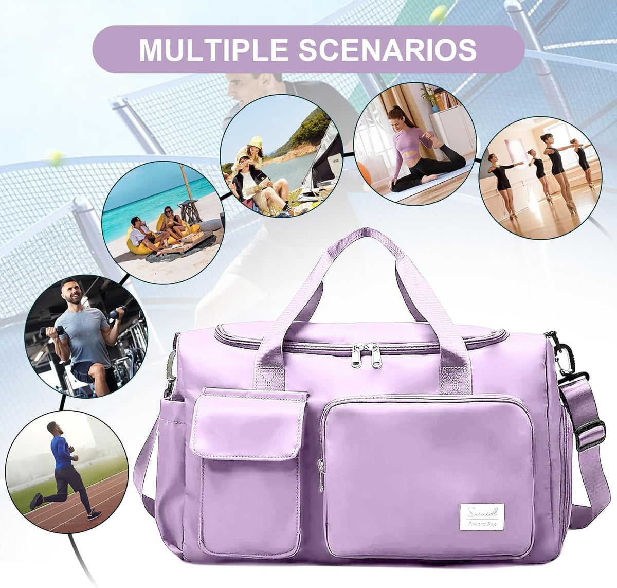 Sports Gym Duffel Bag with Shoes Compartment and Dry Wet Separated Pocket for Men and Women - Overnight Weekender Training Handbag Yoga Bag - Purple
