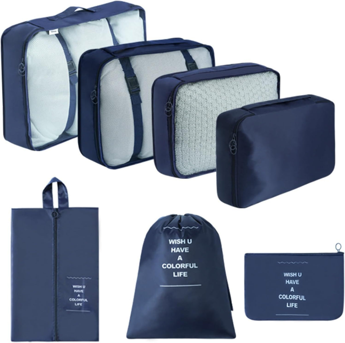 7 Piece Travel Packing Organizer Set with Mesh, Luggage Cubes, Shoe Bag & Drawstring Pouch for Suitcase Organization