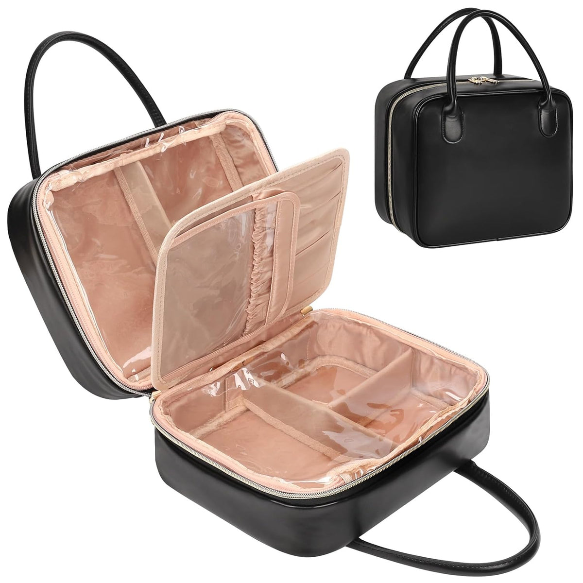 Travel Makeup Bag, Large Capacity Cosmetic Bag, Portable Make Up Bag Organizer for Women, Waterproof Cosmetic Travel Bag with Dividers and Brush Compartment for Cosmetics & Toiletries