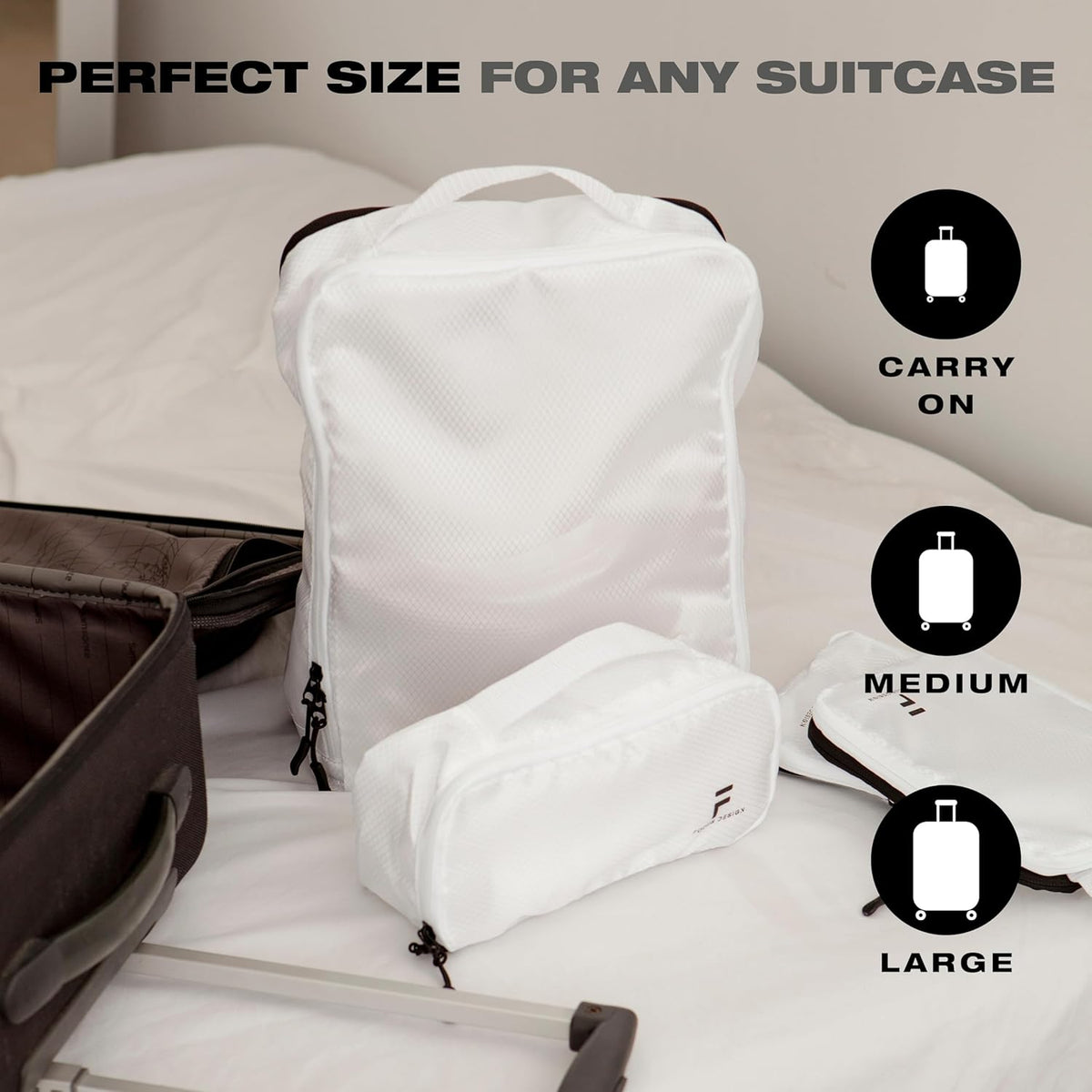 8 Piece Compression Packing Cubes Set - Double Capacity Design for Travel - Small, Medium & Large Sizes - Carry-On Suitcase Organizer Bags (White)