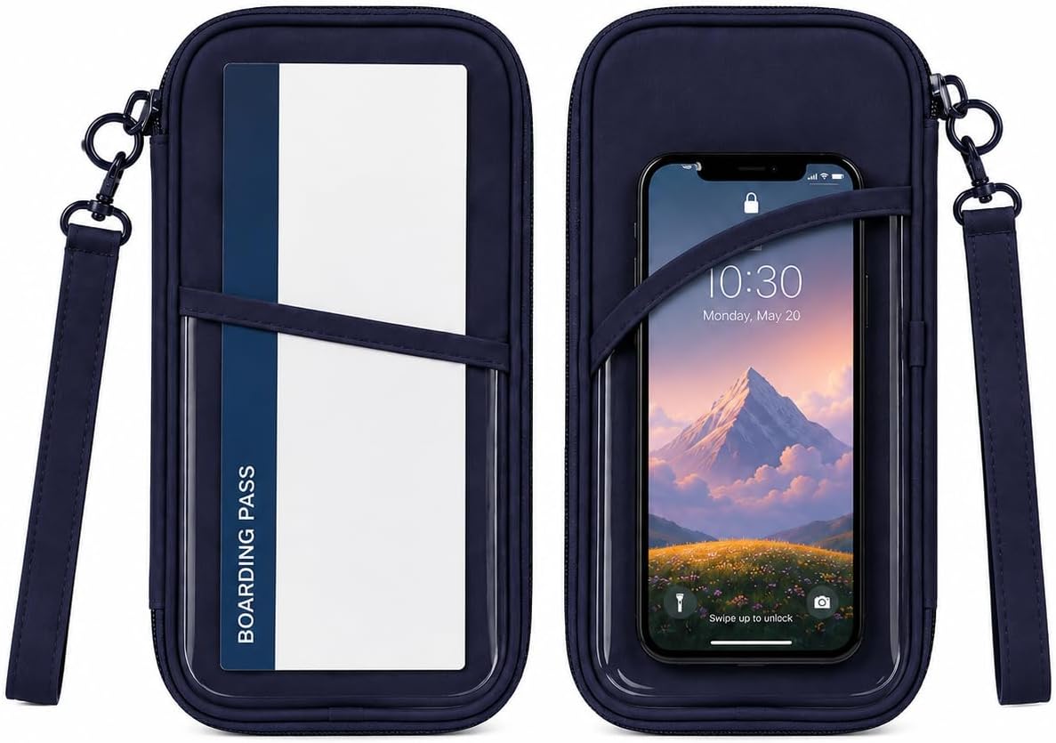 RFID Family Passport Holder for 4, Travel Wallet with Phone & Boarding Pass Window, Card Slots, Passport & Pen Storage, All-in-One Airport Travel Organizer for Family Trips Navy Blue