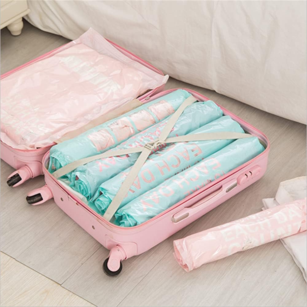 Travel Compression Bags 4 Pcs Roll-Up Storage Space Saver Bag No Vacuum or Pump Needed Hand Roll Seal Vacuum Bags for Travel/Home Storage (Pink-S)